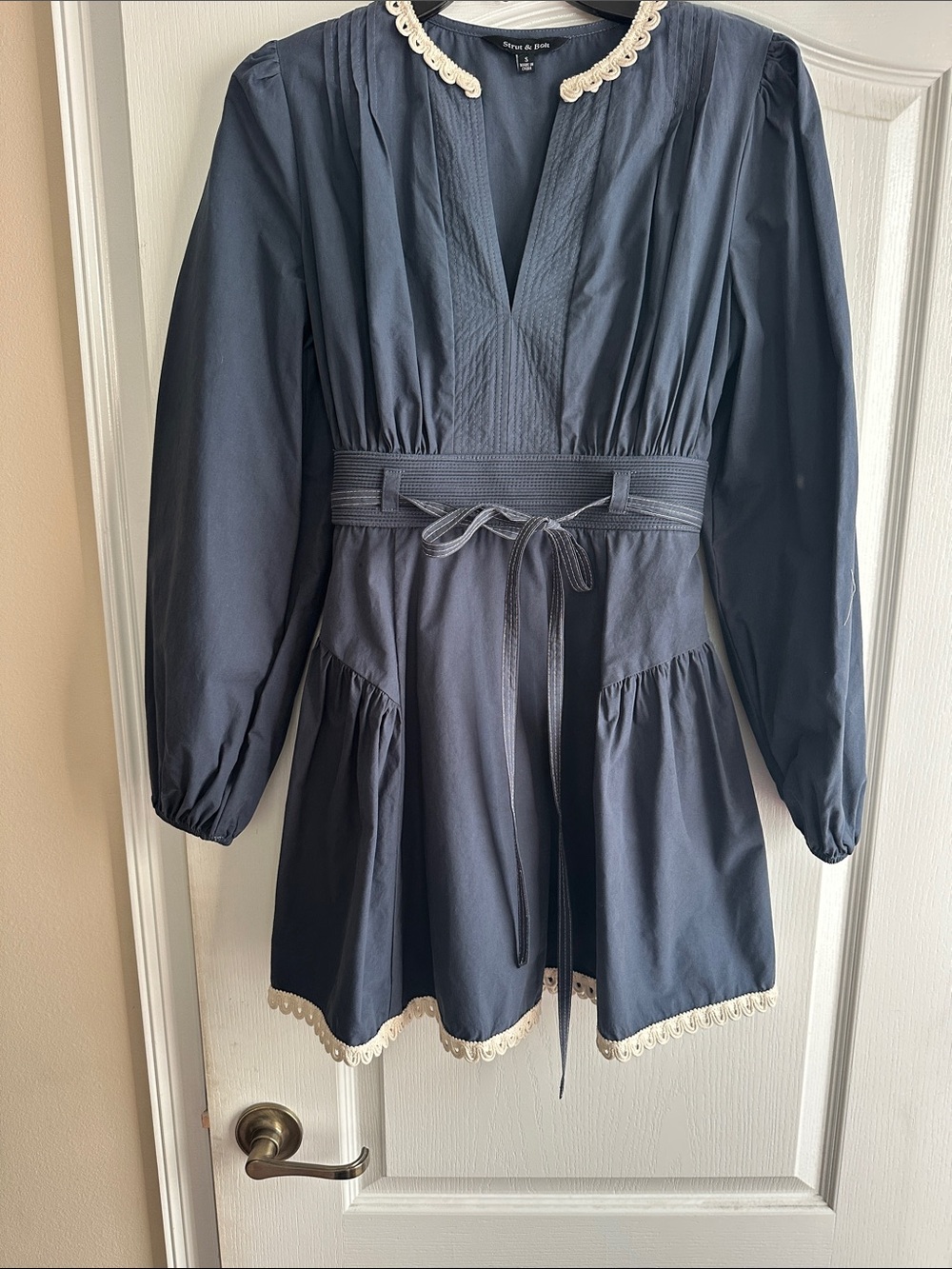 Smocked Waist Navy Long-Sleeve Dress with Lace Trim - Picture 5 of 7